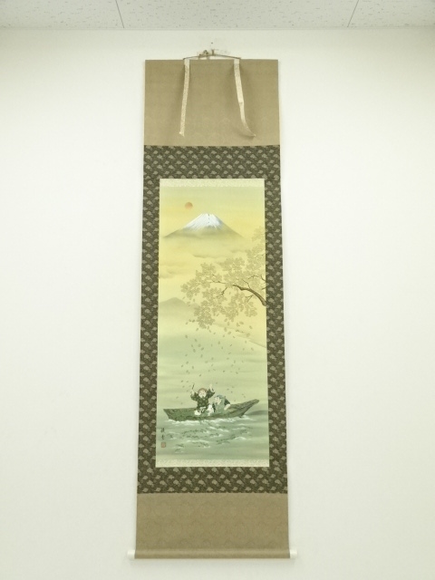JAPANESE HANGING SCROLL / HAND PAINTED / Mt.FUJI WITH EBISU GOD